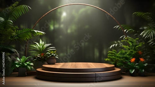 Wooden podium on the background of a green forest.