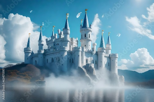 several dragons flying around a white castle with a crystal floating on top - AI Generative © Being Imaginative