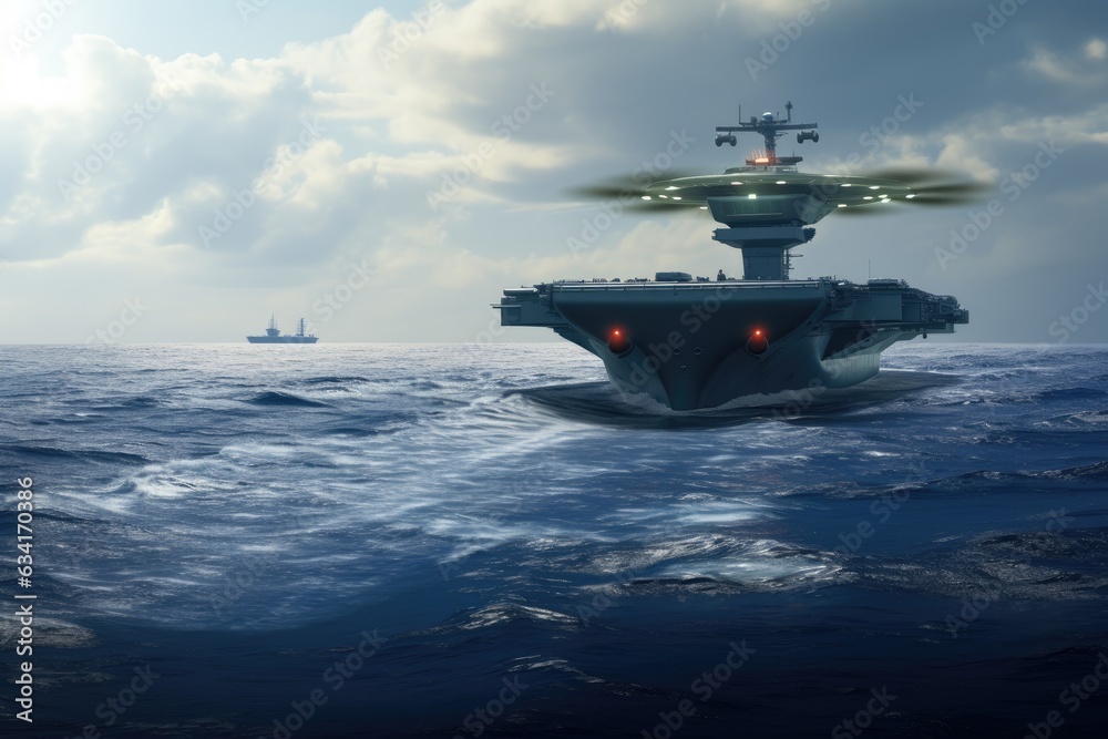 Water drone near a large military ship