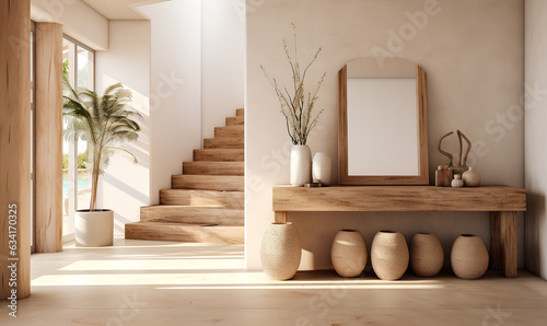 Coastal interior design of modern entrance hall with wooden rustic elements, minimal style, Generative AI