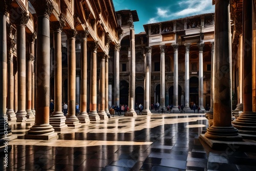 street in old Rome, lined with vibrant marble columns and bustling with old merchants and citizens - AI Generative