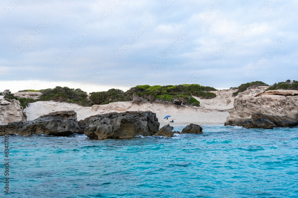 A rocky beach with turquoise blue waters