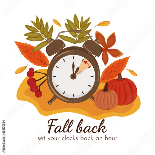 Daylight Saving Time concept. Autumn landscape with text Fall Back, the hand of the clocks turning to winter time.