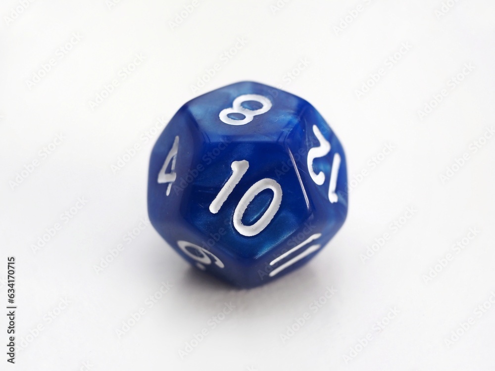 D12 blue 12 sided dice isolated on white. RPG dice. Dodecahedron DND dice  - obrazy, fototapety, plakaty 