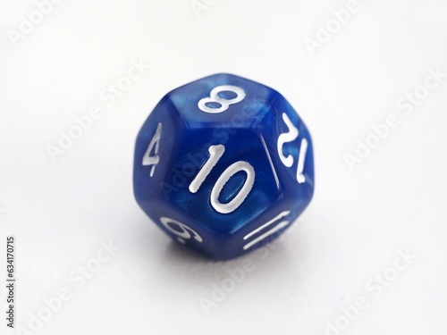 D12 blue 12 sided dice isolated on white. RPG dice. Dodecahedron DND dice 