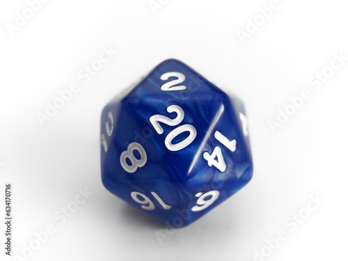 A blue 20 sided dice isolated on white. RPG dice. D20 DND dice 