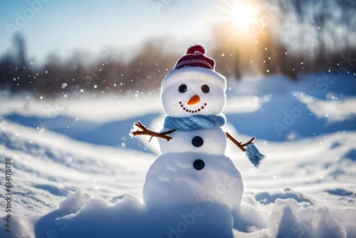 tiny cute snowman standing on a snowy field in winter - AI Generative © Being Imaginative