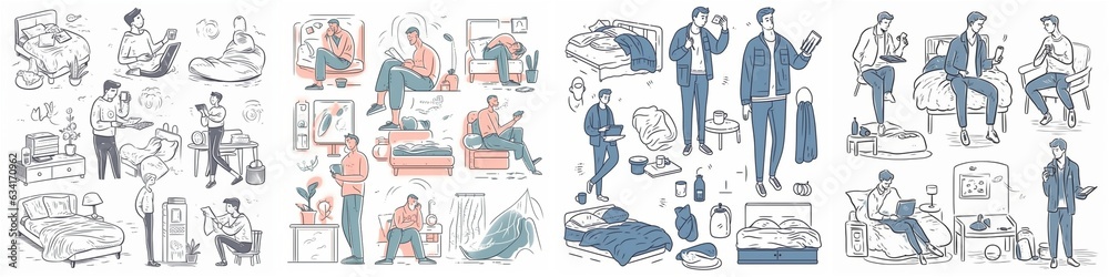 Iconic illustrations depicting men's daily routines and activities Flat ...
