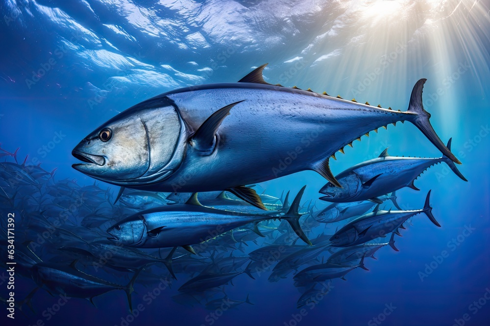 Fototapeta premium Tuna in the blue sea. Underwater world. 3d rendering, A large school of tuna in a deep blue ocean, Philippines, AI Generated