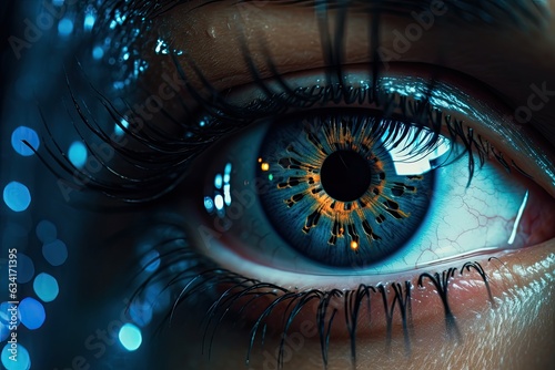 Closeup of beautiful woman's eye with blue makeup, A laser vision correction image closeup, AI Generated