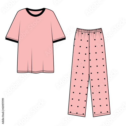 Vector illustration of pink pajamas. A set of T-shirt and trousers for home and leisure. Sketch of women's clothing from light trousers with an elastic band and an oversized T-shirt.