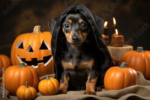 Dachshund puppy in a black Halloween costume with Jack-o'-lanterns and pumpkins. Generative AI © Alesia