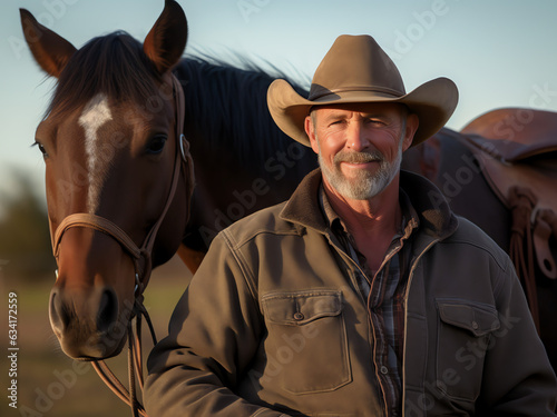 Handsome Smiling Mature 50s Western Cowboy Rancher with Horse Closeup Portrait © AI Art Originals