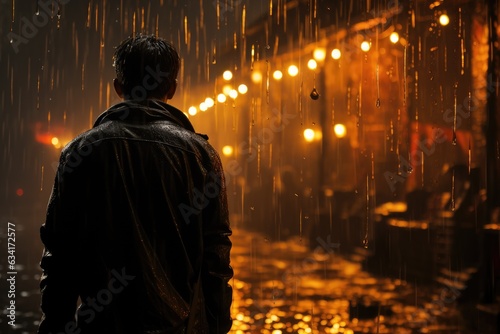 Rain's Intimacy: A Person Under a Torrential Downpour, Umbrella Held High, Raindrops Creating a Curtain, Concealing the Soul Within Generative AI
