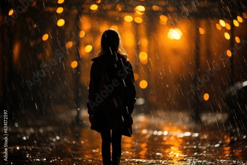 Precipitation Poetry: A Person Standing Amidst a Heavy Downpour, Umbrella Firmly Held, Raindrops Forming a Veil, Concealing Their Innermost Expression Generative AI