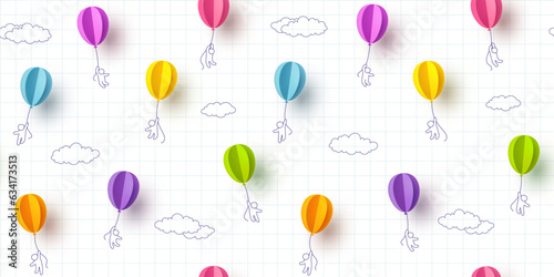 Children's Day seamless pattern with flying balloons and kids on copybook page background. Vector 3d paper colorful ballons special cartoon child birthday template