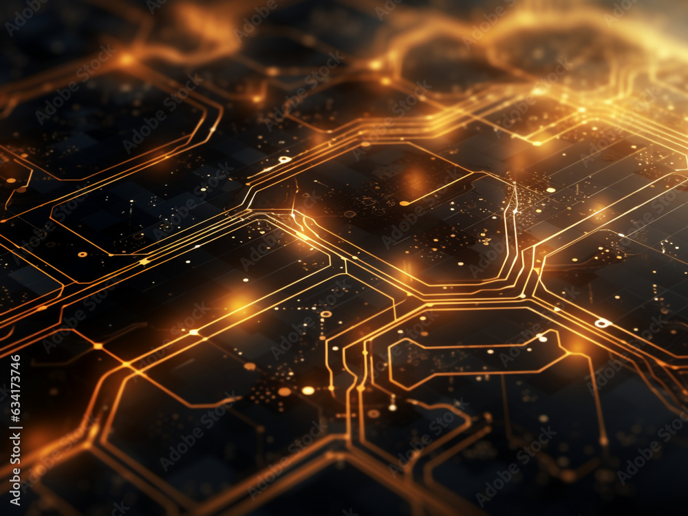 Obraz premium Modern gold digital background, merging illustration, technologies, and cybersecurity elements