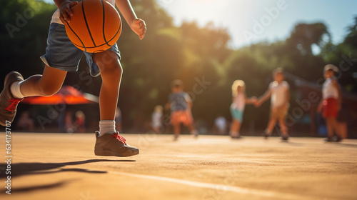 Close up a boy playing with basketball on basketball court outdoors at school, children in the background, warm lighting education, physical education and fitness