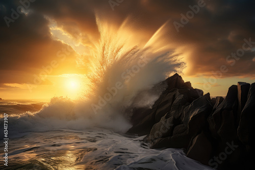 High waves at sunset over the sea photo