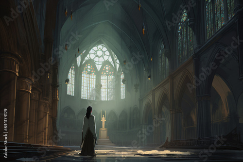 Concept art of a woman inside a majestic church Generative Ai