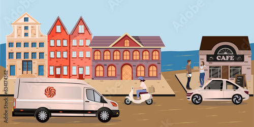 courier delivers a parcel in the white truck, package in the white car, , courier man, the courier delivers the parcel to the customer, courier delivers a parcel on a white moped