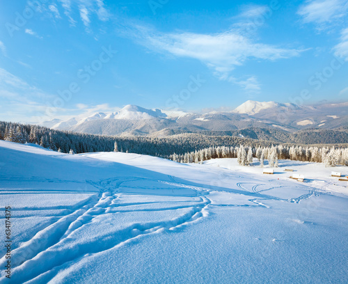 Winter calm mountain landscape with sheds group and mount ridge behind  Kukol Mount  Carpathian Mountains  Ukraine 