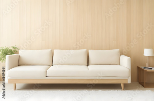 Minimalist Modern Living Room Wooden Paneling Wall Complements Beige Corner Sofa in Elegant Interior Design