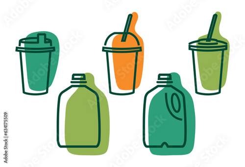 Set of summer drinks packaging in bright colors - green orange. Disposable takeaway cups and plastic gallons for juice. Beverage design, refreshing cocktail menu. Vector illustration isolated on white