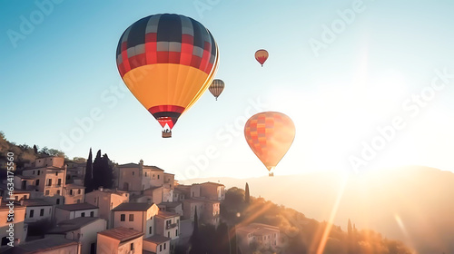 Colorful balloons with a gondola illuminated by the sun. Generative AI technology. © Grycaj