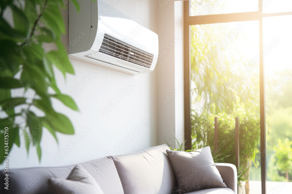 Living room interior with air conditioner. Adjusting comfort temperature in home at hot summer, cooling air in the room