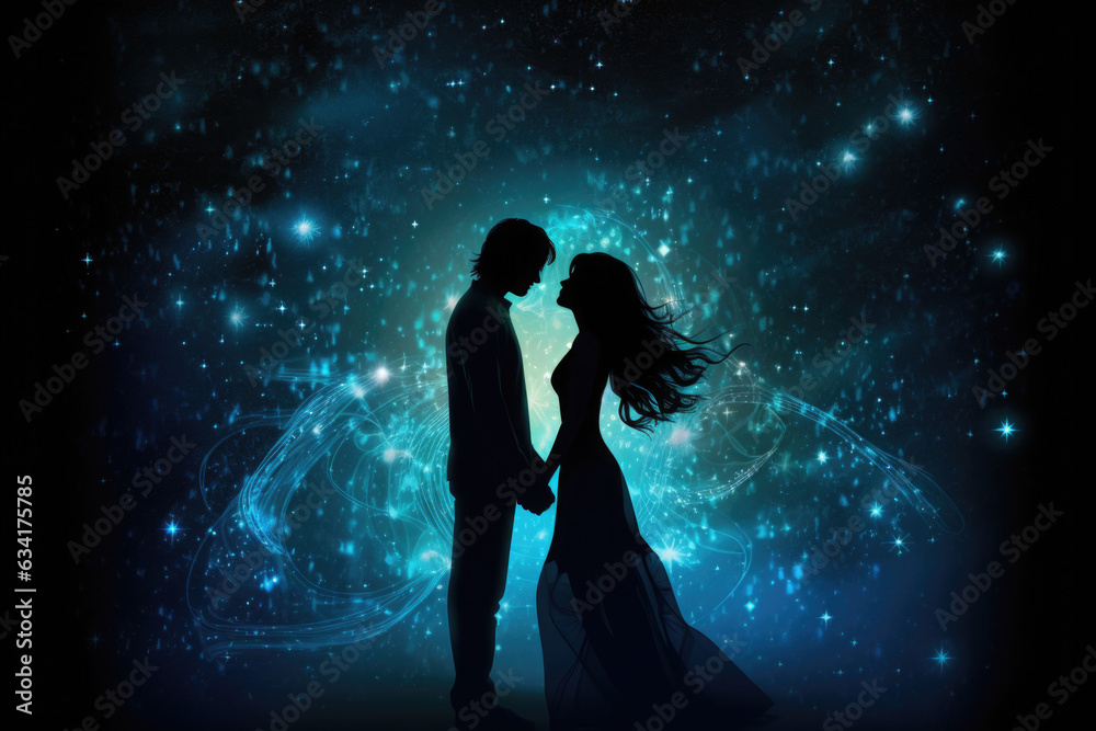 Couple in love standing together in universe landscape. Man and woman against night sky with stars. Cosmic love and romantic emotions