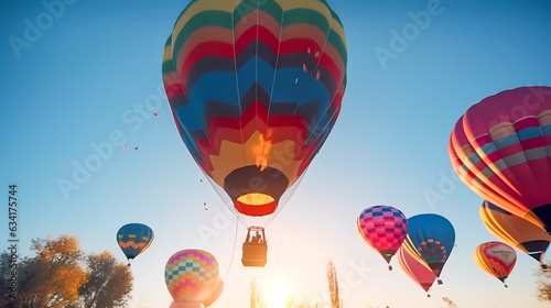 Colorful balloons with a gondola illuminated by the sun. Generative AI technology.