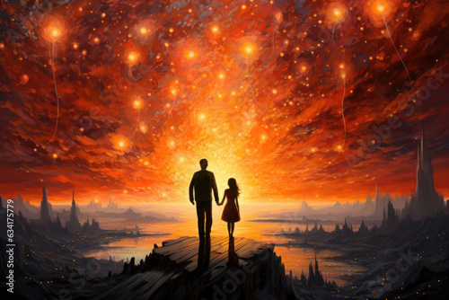 Couple in love walking together in surrealistic landscape. Man and woman standing at edge of land with colorful fantastic sky. Cosmic love and romantic emotions