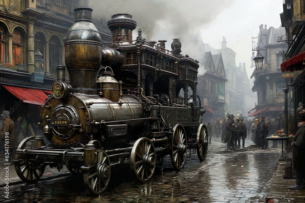 Fototapeta premium Steampunk City mit Lokomotive als ÖPNV. Regen, Gebäude und Passagiere