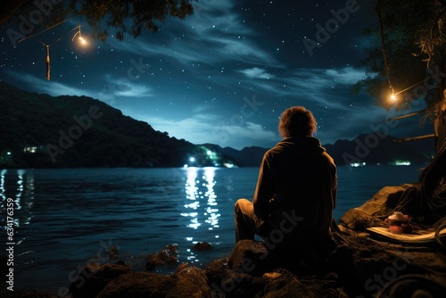Galactic Voyage of Thoughts: Capturing a Silhouette on a Docked Boat, Gazing into the Starry Night Sky Over the Endless Deep Blue Ocean Generative AI