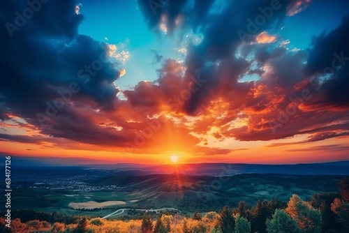 Beautiful sunset in the mountains. Colorful sky with clouds.