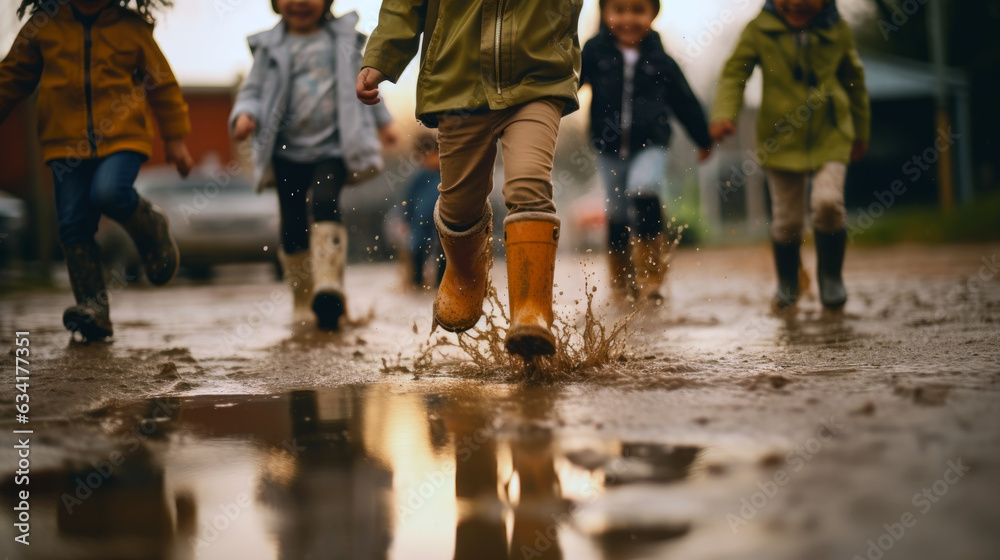 children of different ages  running through puddles in their rubber boots. Generative ai