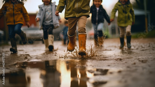 children of different ages running through puddles in their rubber boots. Generative ai