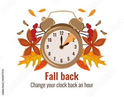Daylight Saving Time concept. Autumn landscape with text Fall Back, the hand of the clocks turning to winter time.