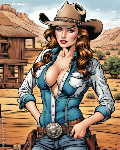  illustration of a sexy pin up cowgirl in comic book style - generative ai