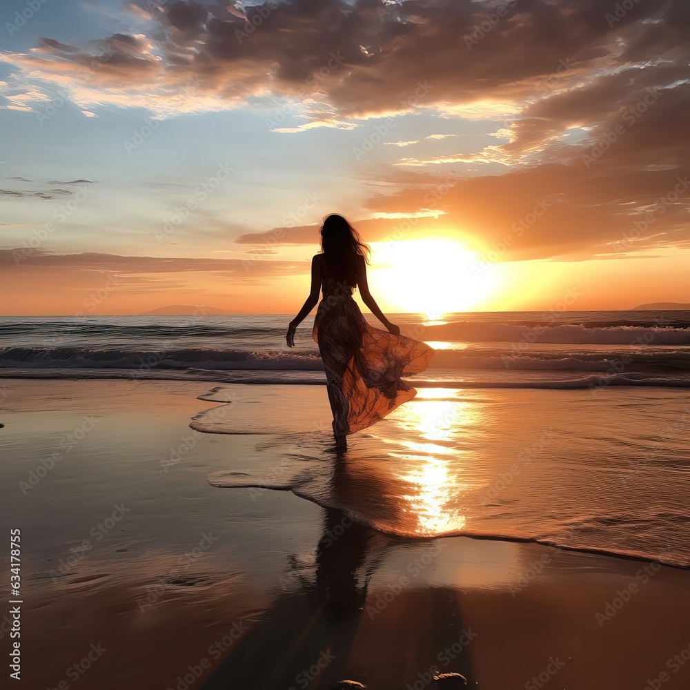 Amazing Shot of a Lady Walking towards the Sun during the Sunset in the Beach over the Shoreline. Long Dress Blown by the Wind.