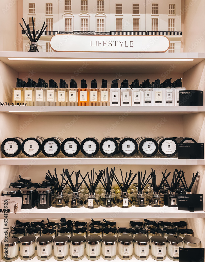 Glass bottles of Jo Malone luxury perfume, diffusers and aroma candles