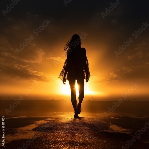 Amazing Shot of a Lady Walking towards the Sun during the Sunset. Long Dress Blown by the Wind.