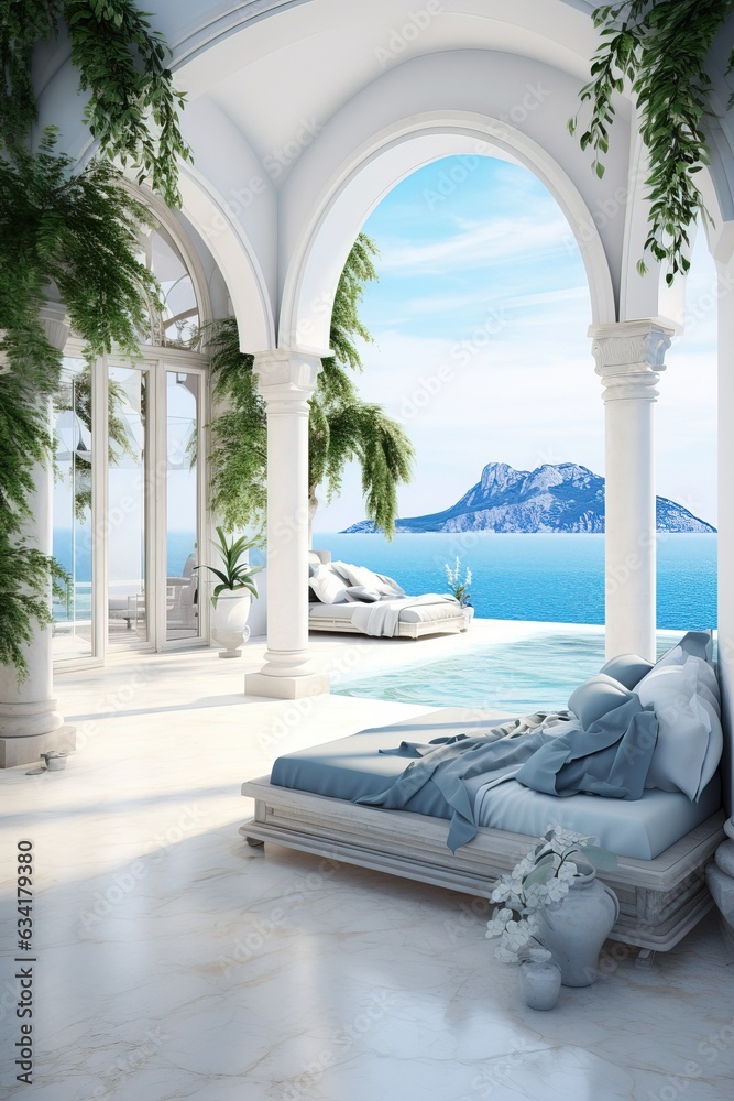 Interior Design of a Modern & Luxury Bedroom with a Balcony near the Sea, Greece. Santorini.