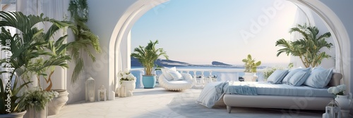 Interior Design of a Modern & Luxury Bedroom with a Balcony near the Sea, Greece. Santorini.