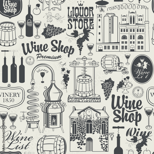 Photo Seamless pattern on the theme of wine, wine shops and wine making with drawings and inscriptions in retro style on an old paper background