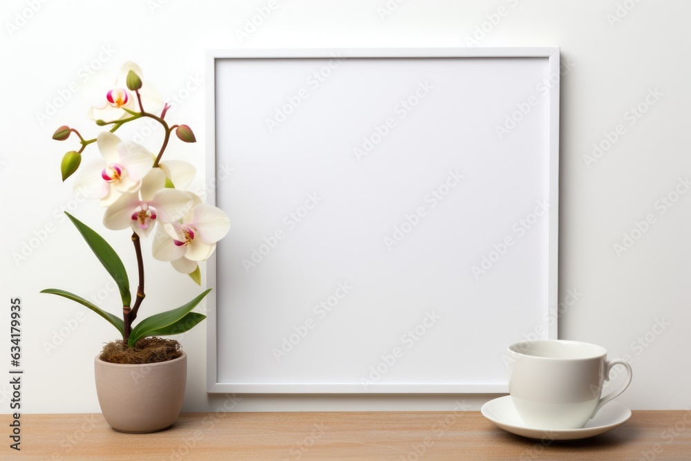 Mockup frame, White Background Mockup Frame with Kitchen Decor and Orchids. Generative AI Mockup frame, White Background Mockup Frame with Kitchen Decor and Orchids. Generative AI