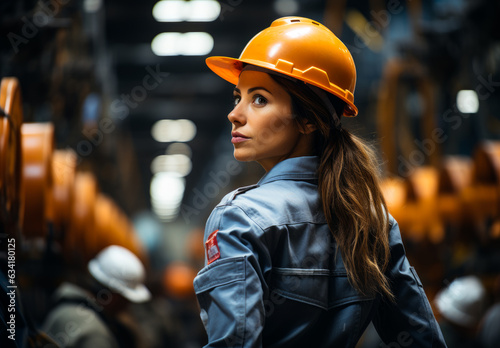 A woman in a hard hat working in a factory. A woman wearing a hard hat in a factory