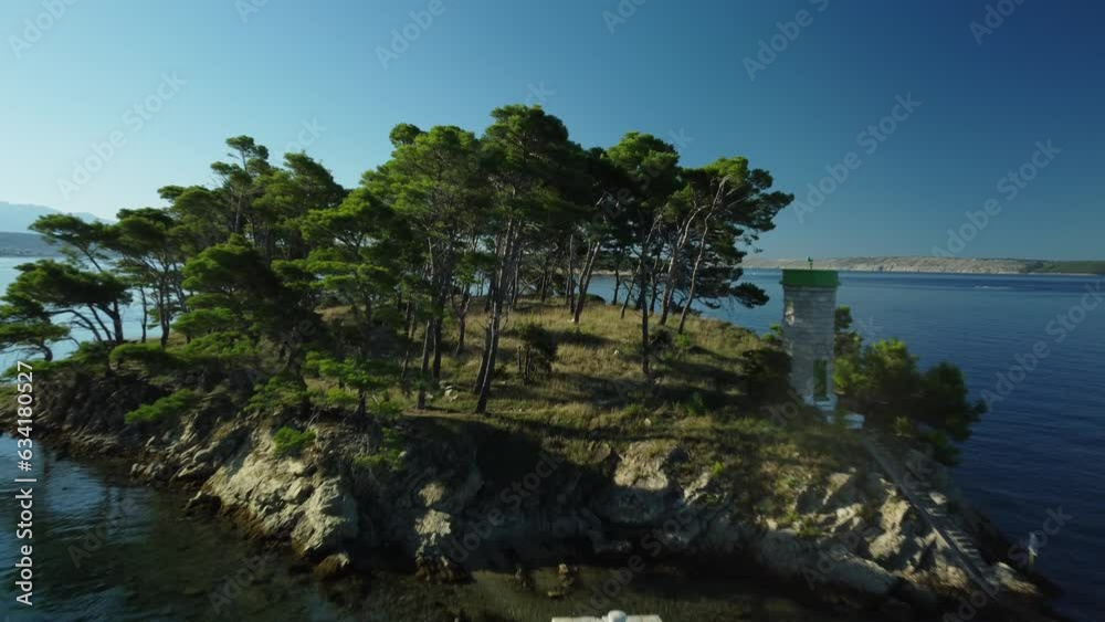 small uninhabited island in the Adriatic Sea, shot by drone, summer, clear sky, early morning, lighthouse small uninhabited island in the Adriatic Sea, shot by drone, summer, clear sky, early morning, lighthouse
