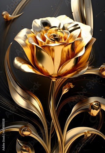 3D illustration of a rose on a black background with gold elements